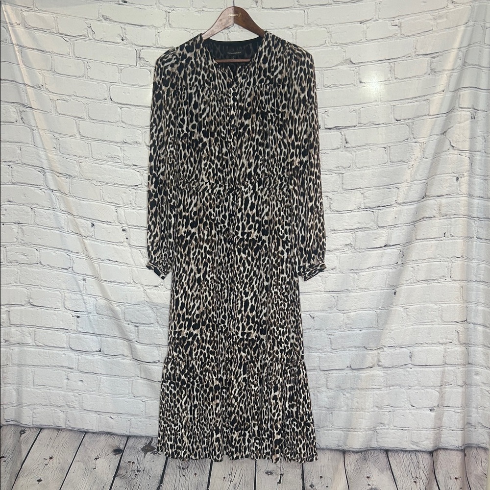 Banana Republic Black & Tan Leopard Print Long Sleeve Maxi Dress Size 4 Tall